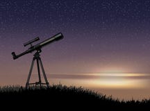 Silhouette de télescope sur la roche avec l'étoile au coucher du soleil de ciel illustration stock Silhouette de télescope sur la roche avec l'étoile au coucher du soleil de ciel illustration stock