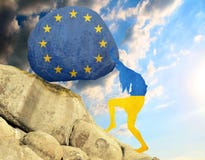 The silhouette of the flag of Ukraine in the form of a girl raises a stone in the mountain in the form of a silhouette of the flag vector illustration The silhouette of the flag of Ukraine in the form of a girl raises a stone in the mountain in the form of a silhouette of the flag vector illustration