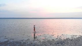 Silhouette of a girl in the middle of lake at sunset. Beautiful girl posing alone in shallow water with light ripples stock video Silhouette of a girl in the middle of lake at sunset. Beautiful girl posing alone in shallow water with light ripples stock video
