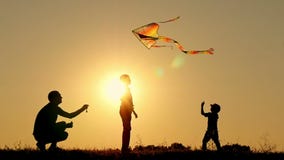 Silhouette of a happy family at sunset. Father and two sons fly a kite in the background of bright sun. Rest and play in stock video Silhouette of a happy family at sunset. Father and two sons fly a kite in the background of bright sun. Rest and play in stock video