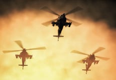 Silhouette of helicopter, soldiers rescue helicopter operations on sunset sky background. Copter in smog. 3D royalty free illustration Silhouette of helicopter, soldiers rescue helicopter operations on sunset sky background. Copter in smog. 3D royalty free illustration