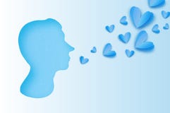 Silhouette masculine bleue Profil de visage d'homme dans le style de coupe de papier Portrait Baiser d'air avec le coeur d'amour illustration stock Silhouette masculine bleue Profil de visage d'homme dans le style de coupe de papier Portrait Baiser d'air avec le coeur d'amour illustration stock
