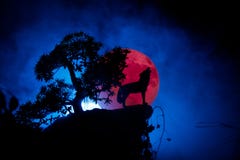 Silhouette Of Howling Wolf Against Dark Toned Foggy Background And Full Moon Or Wolf In Silhouette Howling To The Full Moon. Hallo Royalty Free Stock Photography Silhouette Of Howling Wolf Against Dark Toned Foggy Background And Full Moon Or Wolf In Silhouette Howling To The Full Moon. Hallo Royalty Free Stock Photography