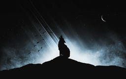 A silhouette of a wolf howling at the moon on a dark hill with a light source in the background