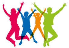 Silhouetten die van verschillende kleuren, een familie tonen die in de lucht met energie springen vector illustratie Silhouetten die van verschillende kleuren, een familie tonen die in de lucht met energie springen vector illustratie