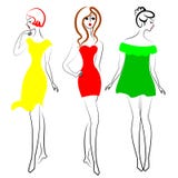 Silhouettes of cute ladies in profile and full face. Girls show different styles of fashionable dress. Models are slender and royalty free illustration Silhouettes of cute ladies in profile and full face. Girls show different styles of fashionable dress. Models are slender and royalty free illustration