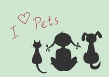 Silhouettes Of Sitting Cat, Dog And Little Girl Stock Images Silhouettes Of Sitting Cat, Dog And Little Girl Stock Images