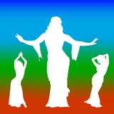 Silhueta de três mulheres de dança, em um fundo colorido ilustração do vetor Silhueta de três mulheres de dança, em um fundo colorido ilustração do vetor