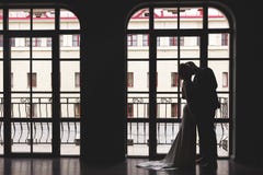Silhuetas de um homem em um terno e de uma mulher em um vestido e com um ramalhete das flores que beija e que abraça-se próximo imagens de stock royalty free Silhuetas de um homem em um terno e de uma mulher em um vestido e com um ramalhete das flores que beija e que abraça-se próximo imagens de stock royalty free
