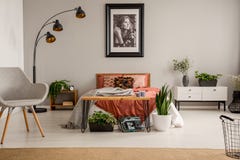 Silla gris elegante, lámpara negra, cartel en la pared y cama gigante con lecho del color del moho en dormitorio brillante del pl imagen de archivo libre de regalías Silla gris elegante, lámpara negra, cartel en la pared y cama gigante con lecho del color del moho en dormitorio brillante del pl imagen de archivo libre de regalías