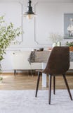 Silla negra en la alfombra gris en la tabla en interior del comedor con la lámpara y la pared con el moldeado Foto verdadera fotos de archivo Silla negra en la alfombra gris en la tabla en interior del comedor con la lámpara y la pared con el moldeado Foto verdadera fotos de archivo
