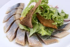 Sillfisk med potatisskivor, gräsplaner, den röda löken och rågbröd arkivfoto Sillfisk med potatisskivor, gräsplaner, den röda löken och rågbröd arkivfoto
