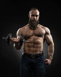 Silny brodaty bodybuilder z sześć paczkami, perfect abs, brać na swoje barki obraz royalty free Silny brodaty bodybuilder z sześć paczkami, perfect abs, brać na swoje barki obraz royalty free