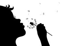 Silueta de un diente de león que sopla de la niña aislado en blanco ilustración del vector Silueta de un diente de león que sopla de la niña aislado en blanco ilustración del vector