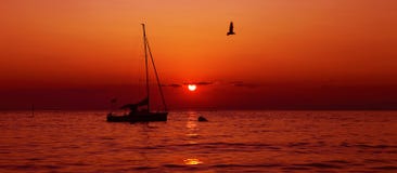 Silueta de un velero entre la salida del sol debajo de un cielo rojo con las gaviotas del vuelo foto de archivo Silueta de un velero entre la salida del sol debajo de un cielo rojo con las gaviotas del vuelo foto de archivo