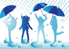 Siluetas femeninas que se divierten debajo de los paraguas abiertos bajo la lluvia stock de ilustración Siluetas femeninas que se divierten debajo de los paraguas abiertos bajo la lluvia stock de ilustración