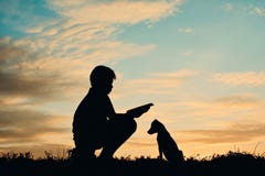 Siluetee al muchacho que lee un libro con el pequeño perro fotografía de archivo libre de regalías Siluetee al muchacho que lee un libro con el pequeño perro fotografía de archivo libre de regalías