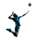 Siluetta di salto di pallavolo dell'uomo fotografia stock Siluetta di salto di pallavolo dell'uomo fotografia stock