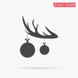 Siluetta nera del corno dei cervi con i corni e con le palle del giocattolo dell'albero di Natale sui corni icona piana di vettor Fotografie Stock Siluetta nera del corno dei cervi con i corni e con le palle del giocattolo dell'albero di Natale sui corni icona piana di vettor Fotografie Stock