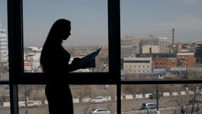 Siluetta scura di giovane donna di affari che sta con i documenti in ufficio moderno archivi video Siluetta scura di giovane donna di affari che sta con i documenti in ufficio moderno archivi video