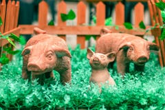 Simbolo del nuovo anno 2019 Il maiale ceramico neonato del giocattolo ha circondato immagini stock libere da diritti Simbolo del nuovo anno 2019 Il maiale ceramico neonato del giocattolo ha circondato immagini stock libere da diritti