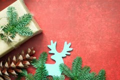Simple gifts and fir tree christmas ornament decoration on empty red background royalty free stock images Simple gifts and fir tree christmas ornament decoration on empty red background royalty free stock images