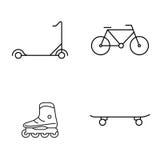 Simple set of public vector thin line icons. Scooter bike roller skates and skateboard vector illustration Simple set of public vector thin line icons. Scooter bike roller skates and skateboard vector illustration