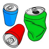 Simple Vector, Hand Draw Sketch Three Perspective Of Of Blank Empty Red Green And Blue Soft Drink Can, In Good And Broken Stock Images