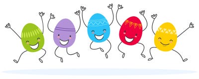 Simple vector illustration of five colorful flat design easter eggs, cartoon characters jumping royalty free illustration Simple vector illustration of five colorful flat design easter eggs, cartoon characters jumping royalty free illustration