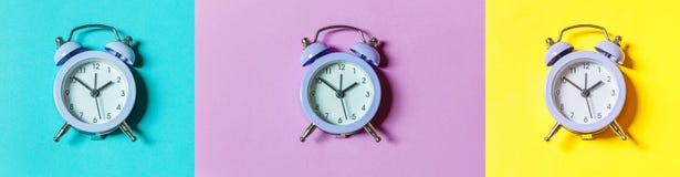 Simply Minimal Design Ringing Twin Bell Vintage Classic Alarm Clock Isolated On Blue Background. Rest Hours Time Of Life Royalty Free Stock Photos