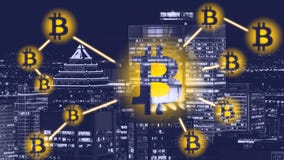 Sinal de Bitcoin no †“Montreal da cidade Bitcoin e techno do blockchain imagens de stock Sinal de Bitcoin no †“Montreal da cidade Bitcoin e techno do blockchain imagens de stock