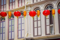 SINGAPORE, SINGAPORE - JANUARY 30. 2018: Close up of decorative lanterns scattered around Chinatown, Singapore. China`s royalty free stock photo SINGAPORE, SINGAPORE - JANUARY 30. 2018: Close up of decorative lanterns scattered around Chinatown, Singapore. China`s royalty free stock photo
