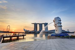 Singapore Merlion When Sunrise Stock Photo
