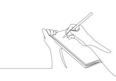 Single continuous line drawing of hand gesture writing on paper at clipboard. Business to do list write on notebook concept