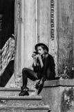 Single woman. fashionable woman near old building stock image Single woman. fashionable woman near old building stock image