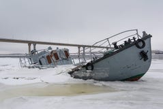 Boat wreck on frozen river stock image. Image of industry 