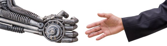 sirva el apretón de manos de la mano con el robot de las CY-azufaifas aislado en blanco Fotos de archivo sirva el apretón de manos de la mano con el robot de las CY-azufaifas aislado en blanco Fotos de archivo