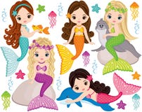 Sirènes mignonnes de vecteur petites avec Marine Animals Sirènes de vecteur illustration de vecteur Sirènes mignonnes de vecteur petites avec Marine Animals Sirènes de vecteur illustration de vecteur