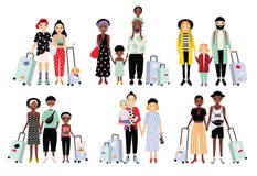 Sistema de familias y de pares que viajan Diversa gente de moda con equipaje, niños Colección colorida del vector stock de ilustración Sistema de familias y de pares que viajan Diversa gente de moda con equipaje, niños Colección colorida del vector stock de ilustración