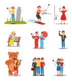 Sistema de gente que hace selfies Hombres jovenes y mujeres con smartphones y monopods Diseño plano colorido del vector ilustración del vector Sistema de gente que hace selfies Hombres jovenes y mujeres con smartphones y monopods Diseño plano colorido del vector ilustración del vector
