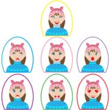 Sistema de iconos de la emoción muchacha en ropa del invierno en marco oval en estilo plano stock de ilustración Sistema de iconos de la emoción muchacha en ropa del invierno en marco oval en estilo plano stock de ilustración