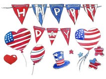 Sistema de la acuarela de los objetos para el día de fiesta de la independencia de América stock de ilustración Sistema de la acuarela de los objetos para el día de fiesta de la independencia de América stock de ilustración