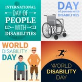 Sistema de la bandera de las incapacidades de las personas del día del mundo, estilo de la historieta stock de ilustración Sistema de la bandera de las incapacidades de las personas del día del mundo, estilo de la historieta stock de ilustración