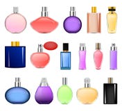 Sistema de la maqueta de las botellas de la fragancia, estilo realista stock de ilustración Sistema de la maqueta de las botellas de la fragancia, estilo realista stock de ilustración