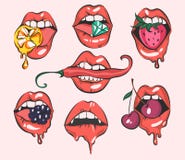 Sistema de labios atractivos del arte pop, cierre encima de la visión, bocas de las muchachas de la historieta, ejemplos del vect Fotos de archivo Sistema de labios atractivos del arte pop, cierre encima de la visión, bocas de las muchachas de la historieta, ejemplos del vect Fotos de archivo