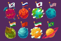 Sistema de los planetas extranjeros de la fantasía de los ejemplos de la historieta del vector con las banderas que agitan en ell libre illustration Sistema de los planetas extranjeros de la fantasía de los ejemplos de la historieta del vector con las banderas que agitan en ell libre illustration
