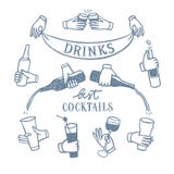 Sistema de manos con las bebidas y las botellas ilustración del vector Sistema de manos con las bebidas y las botellas ilustración del vector