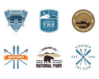 Sistema de Ski Club, etiquetas del parque nacional vendimia stock de ilustración Sistema de Ski Club, etiquetas del parque nacional vendimia stock de ilustración