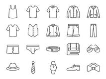 Sistema del icono de la ropa de los hombres Incluyó los iconos como los pantalones cortos, workwear, moda, mezclilla, camisa, los libre illustration Sistema del icono de la ropa de los hombres Incluyó los iconos como los pantalones cortos, workwear, moda, mezclilla, camisa, los libre illustration