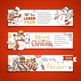 Sistema del vector de banderas horizontales de la Navidad con los muñecos de nieve lindos stock de ilustración Sistema del vector de banderas horizontales de la Navidad con los muñecos de nieve lindos stock de ilustración
